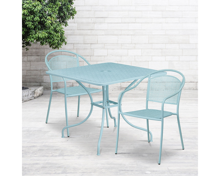 BLNK Oia Commercial Steel Indoor-Outdoor Patio Table Set with 2 Round Back Chairs - Sky Blue, 35.5"W