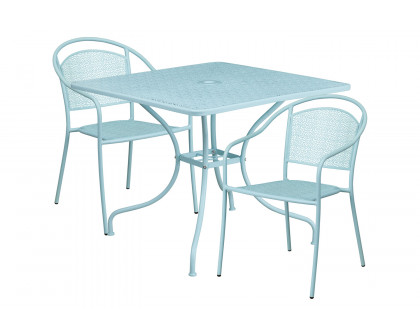 BLNK Oia Commercial Steel Indoor-Outdoor Patio Table Set with 2 Round Back Chairs - Sky Blue, 35.5"W