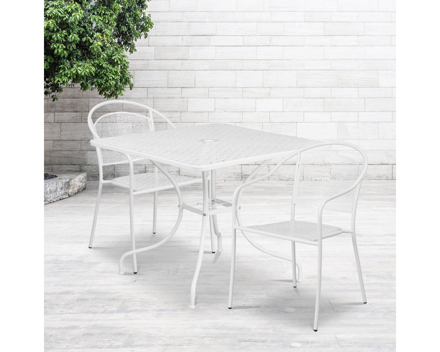 BLNK Oia Commercial Steel Indoor-Outdoor Patio Table Set with 2 Round Back Chairs - White, 35.5"W