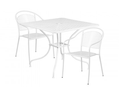 BLNK Oia Commercial Steel Indoor-Outdoor Patio Table Set with 2 Round Back Chairs - White, 35.5"W