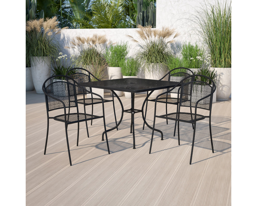 BLNK Oia Commercial Steel Indoor-Outdoor Patio Table Set with 4 Round Back Chairs - Black, 35.5"W