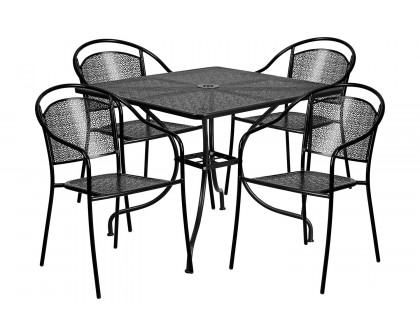 BLNK Oia Commercial Steel Indoor-Outdoor Patio Table Set with 4 Round Back Chairs - Black, 35.5"W