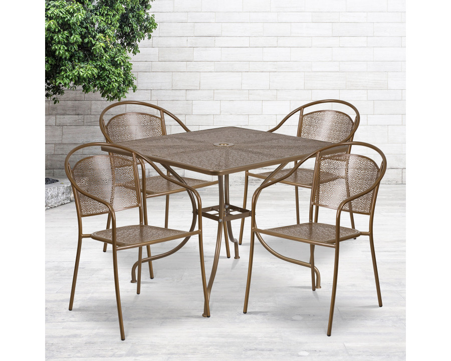 BLNK Oia Commercial Steel Indoor-Outdoor Patio Table Set with 4 Round Back Chairs - Gold, 35.5"W