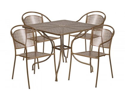 BLNK Oia Commercial Steel Indoor-Outdoor Patio Table Set with 4 Round Back Chairs - Gold, 35.5"W