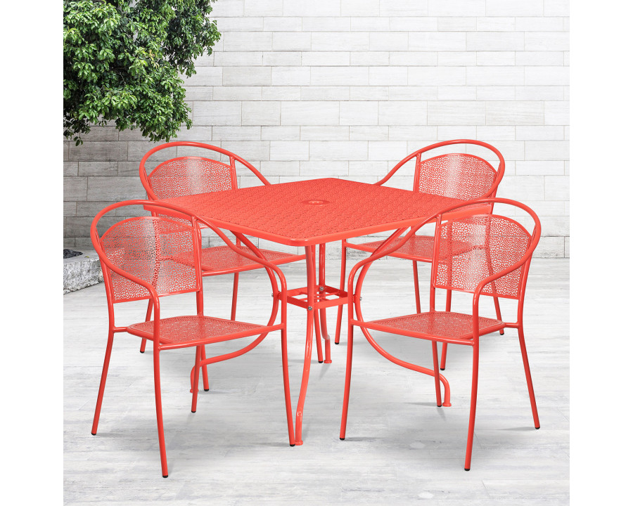 BLNK Oia Commercial Steel Indoor-Outdoor Patio Table Set with 4 Round Back Chairs - Coral, 35.5"W