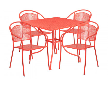 BLNK Oia Commercial Steel Indoor-Outdoor Patio Table Set with 4 Round Back Chairs - Coral, 35.5"W