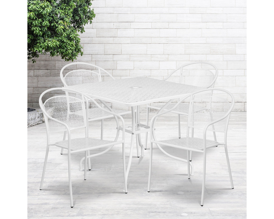 BLNK Oia Commercial Steel Indoor-Outdoor Patio Table Set with 4 Round Back Chairs - White, 35.5"W