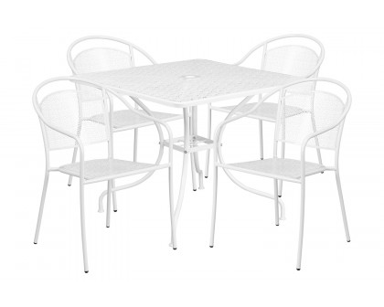 BLNK Oia Commercial Steel Indoor-Outdoor Patio Table Set with 4 Round Back Chairs - White, 35.5"W