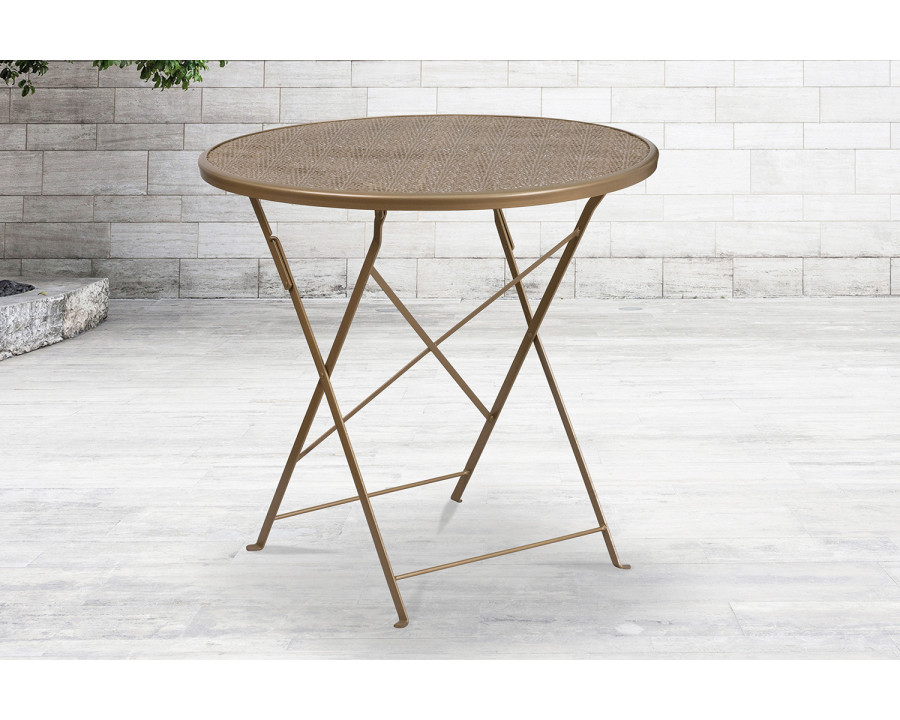 BLNK Oia Commercial Round Steel Indoor-Outdoor Folding Patio Table - Gold, 30"D