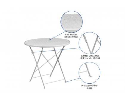 BLNK Oia Commercial Round Steel Indoor-Outdoor Folding Patio Table - White, 30"D