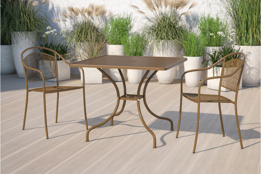 BLNK™ Oia Commercial Square Steel Indoor-Outdoor Patio Table with Umbrella Hole - Gold