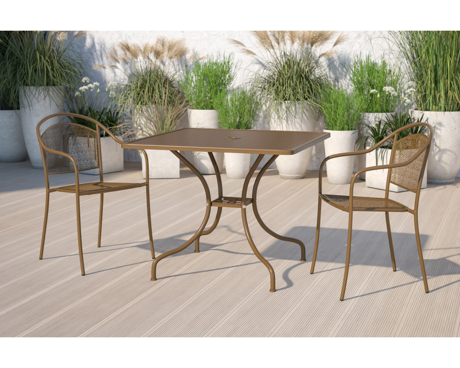 BLNK Oia Commercial Square Steel Indoor-Outdoor Patio Table with Umbrella Hole - Gold