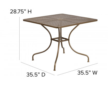 BLNK™ Oia Commercial Square Steel Indoor-Outdoor Patio Table with Umbrella Hole - Gold