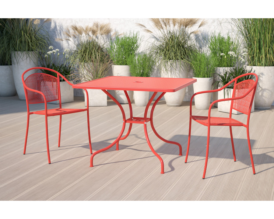 BLNK Oia Commercial Square Steel Indoor-Outdoor Patio Table with Umbrella Hole - Coral