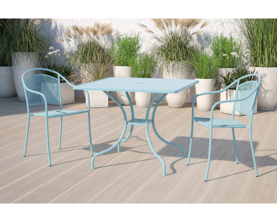 BLNK Oia Commercial Square Steel Indoor-Outdoor Patio Table with Umbrella Hole - Sky Blue