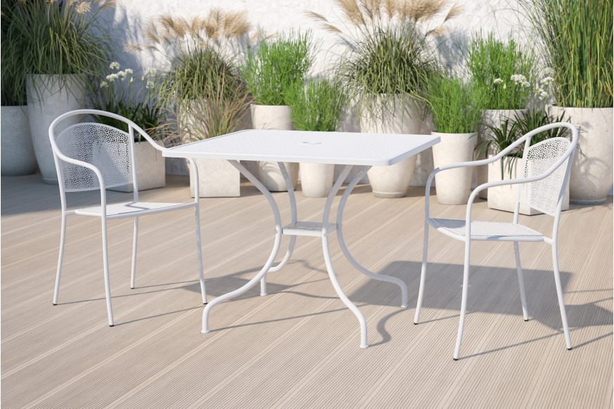 BLNK™ Oia Commercial Square Steel Indoor-Outdoor Patio Table with Umbrella Hole - White