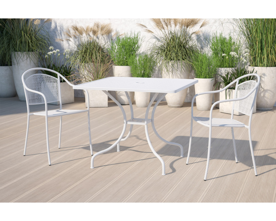 BLNK Oia Commercial Square Steel Indoor-Outdoor Patio Table with Umbrella Hole - White