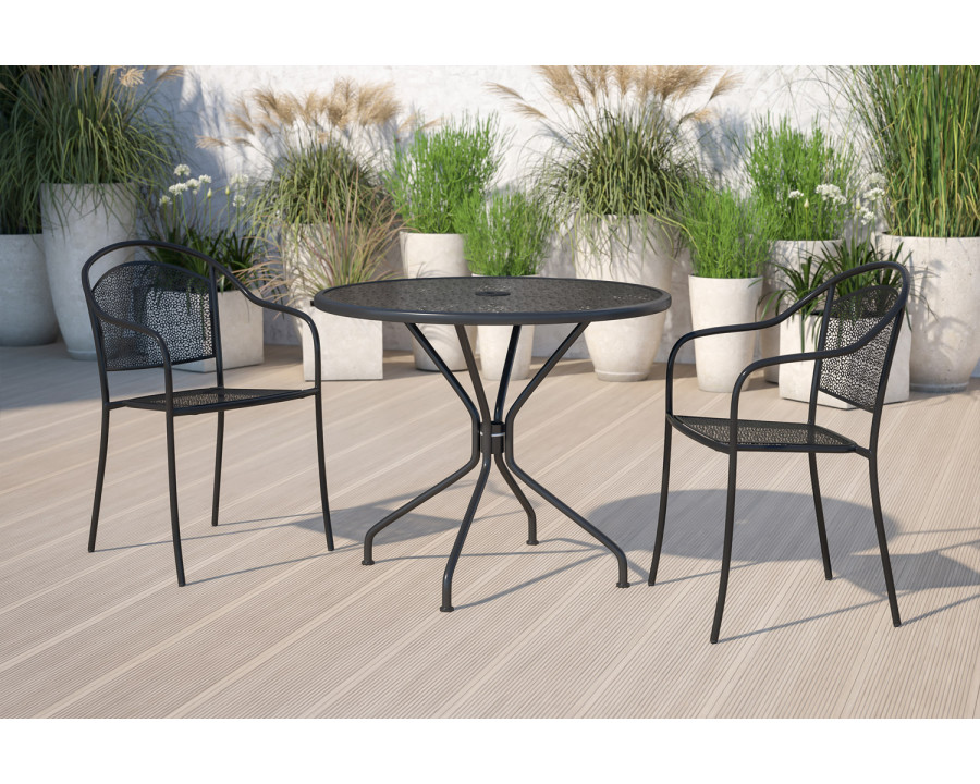 BLNK Oia Commercial Round Steel Indoor-Outdoor Patio Table with Umbrella Hole - Black