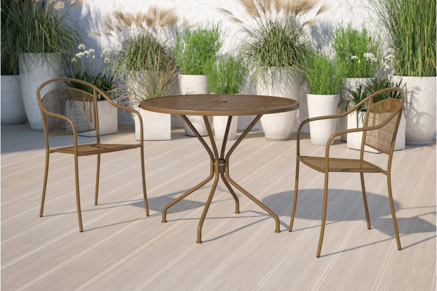 BLNK™ Oia Commercial Round Steel Indoor-Outdoor Patio Table with Umbrella Hole - Gold