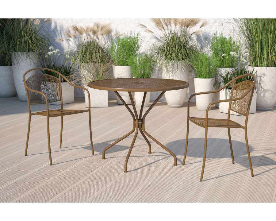 BLNK Oia Commercial Round Steel Indoor-Outdoor Patio Table with Umbrella Hole - Gold