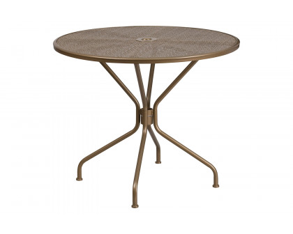 BLNK™ Oia Commercial Round Steel Indoor-Outdoor Patio Table with Umbrella Hole - Gold