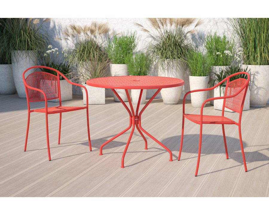 BLNK Oia Commercial Round Steel Indoor-Outdoor Patio Table with Umbrella Hole - Coral