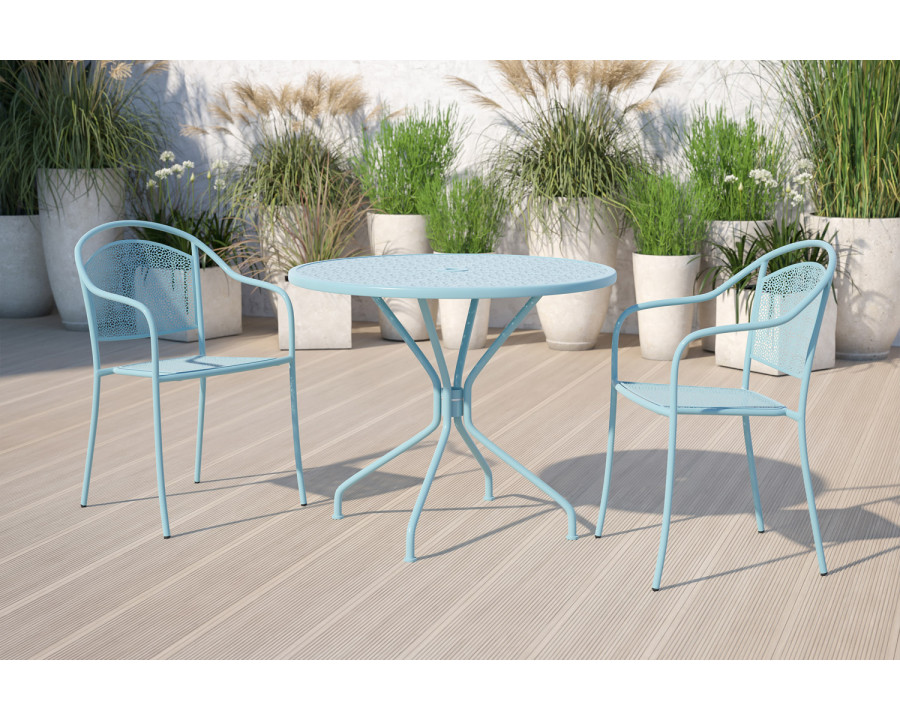 BLNK Oia Commercial Round Steel Indoor-Outdoor Patio Table with Umbrella Hole - Sky Blue