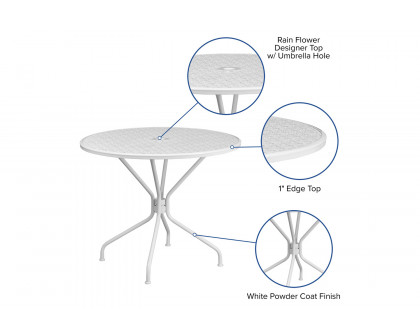 BLNK Oia Commercial Round Steel Indoor-Outdoor Patio Table with Umbrella Hole - White