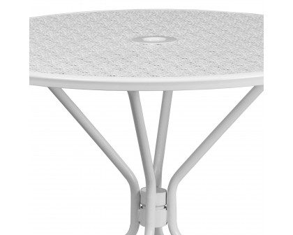 BLNK Oia Commercial Round Steel Indoor-Outdoor Patio Table with Umbrella Hole - White