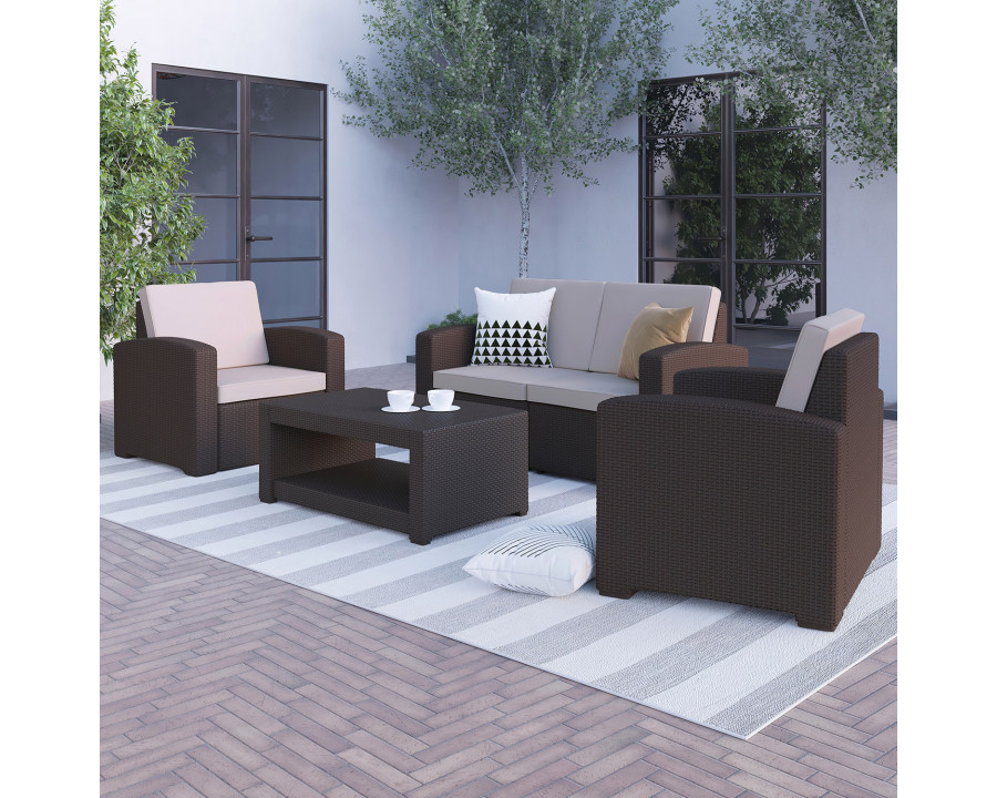 BLNK Seneca Outdoor Faux Rattan Chair, Loveseat and Table Set 4 Piece