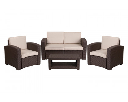 BLNK Seneca Outdoor Faux Rattan Chair, Loveseat and Table Set 4 Piece - Chocolate Brown