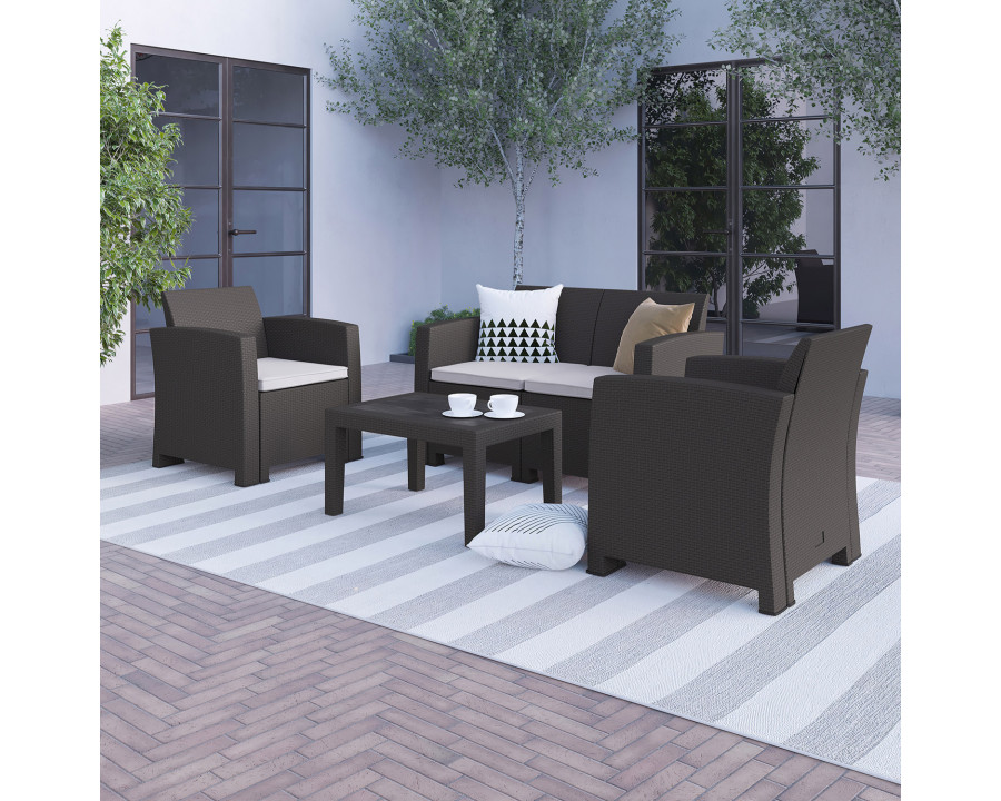 BLNK Seneca Outdoor Faux Rattan Chair, Loveseat and Table Set 4 Piece - Dark Gray