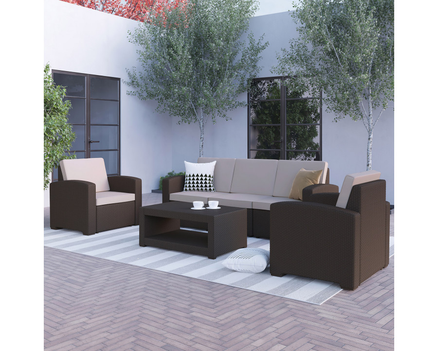 BLNK Seneca Outdoor Faux Rattan Chair, Sofa and Table Set 4 Piece