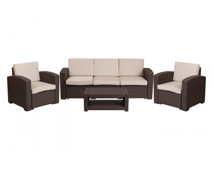 BLNK Seneca Outdoor Faux Rattan Chair, Sofa and Table Set 4 Piece - Chocolate Brown