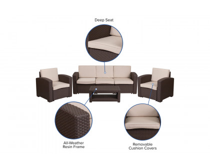 BLNK Seneca Outdoor Faux Rattan Chair, Sofa and Table Set 4 Piece - Chocolate Brown