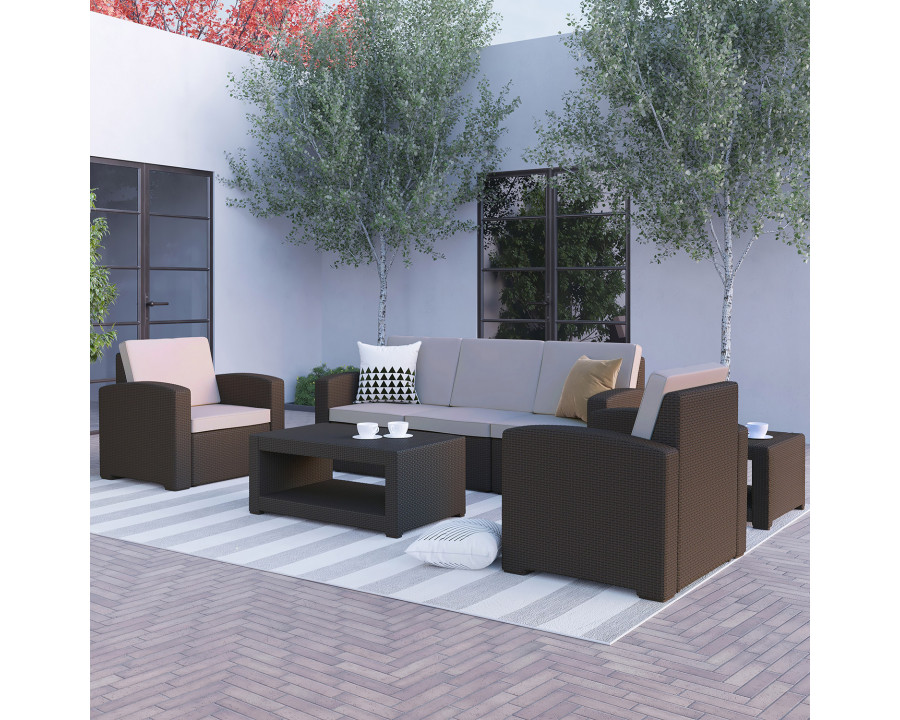 BLNK - Seneca Outdoor Faux Rattan Chair, Sofa and Table Set 5 Piece