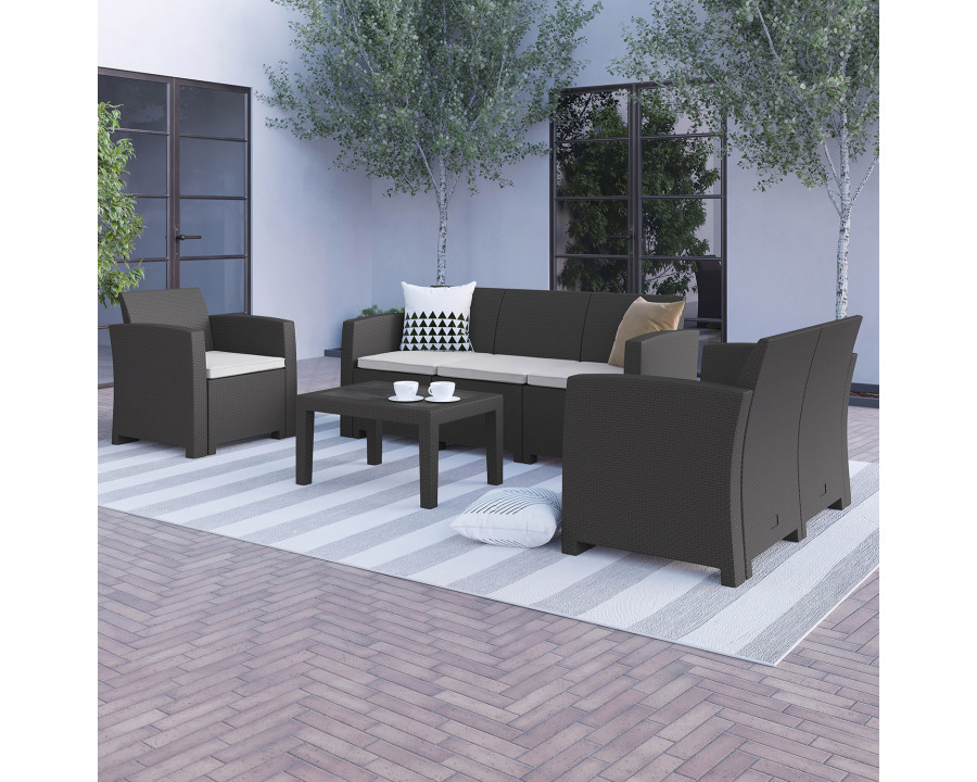 BLNK Seneca Outdoor Faux Rattan Chair, Loveseat, Sofa and Table Set 4 Piece - Dark Gray