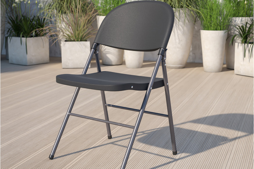 BLNK™ HERCULES Series Plastic Folding Chair with Charcoal Frame - Black