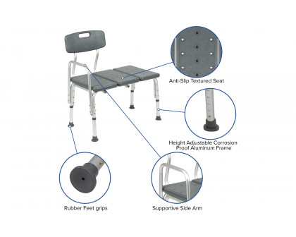 BLNK HERCULES Series Adjustable Bath and Shower Transfer Bench with Back and Side Arm - Gray