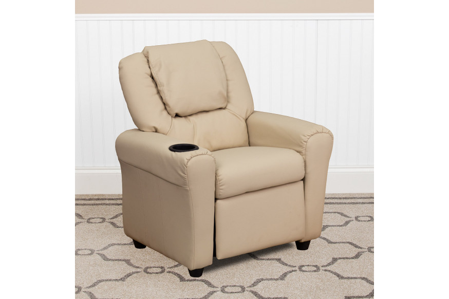 BLNK™ Vana Vinyl Contemporary Kids Recliner with Cup Holder and Headrest - Beige