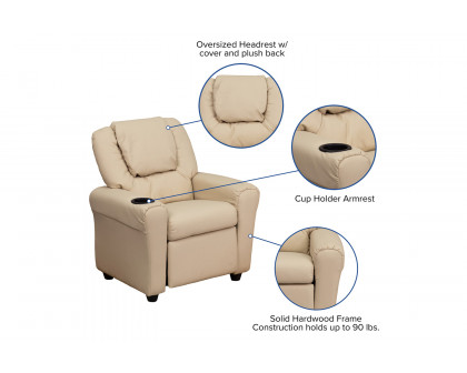 BLNK™ Vana Vinyl Contemporary Kids Recliner with Cup Holder and Headrest - Beige