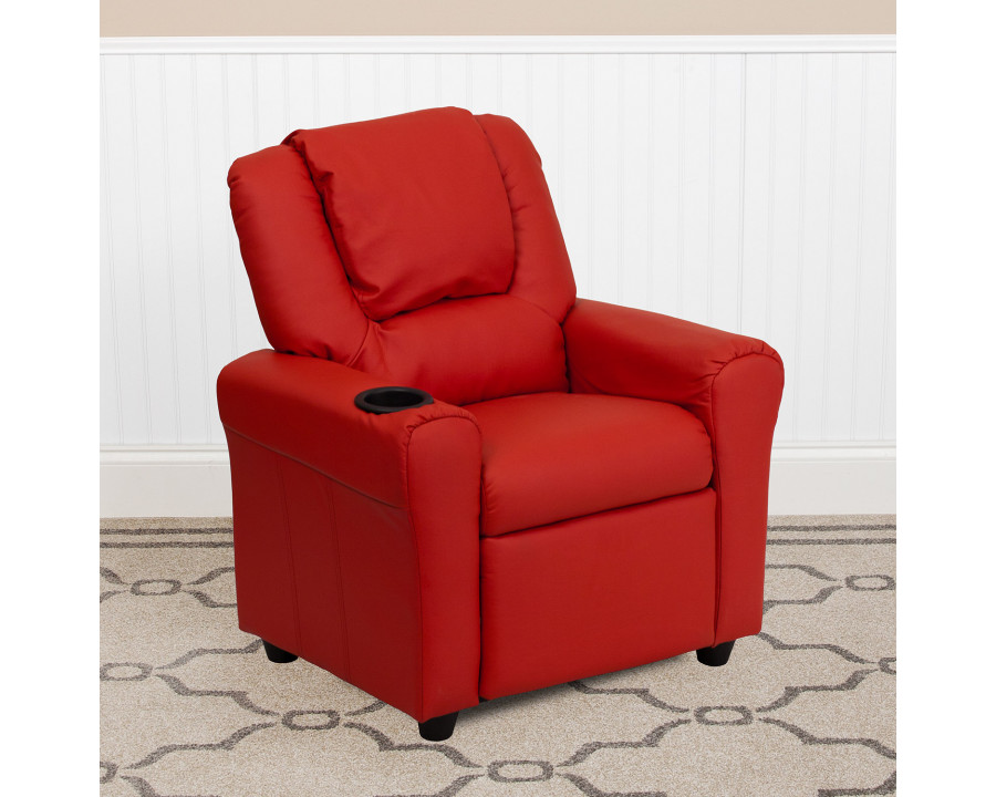 BLNK Vana Vinyl Contemporary Kids Recliner with Cup Holder and Headrest - Red