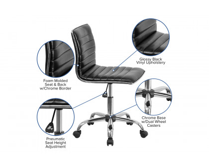 BLNK Alan Low-Back Designer Armless Ribbed Swivel Task Office Chair with Chrome Frame and Base - Black