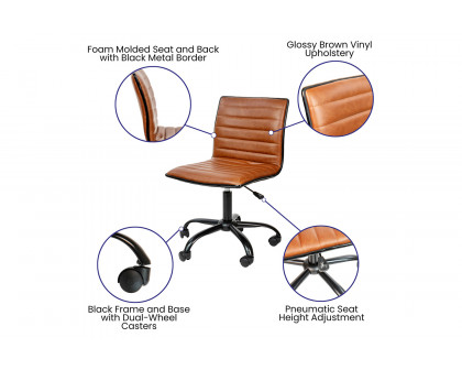 BLNK Alan Low-Back Designer Armless Ribbed Swivel Task Office Chair with Black Frame and Base - Brown