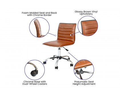 BLNK Alan Low-Back Designer Armless Ribbed Swivel Task Office Chair with Chrome Frame and Base - Brown