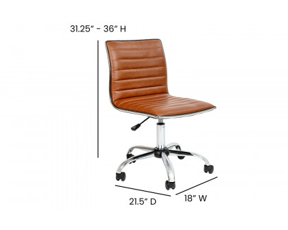 BLNK Alan Low-Back Designer Armless Ribbed Swivel Task Office Chair with Chrome Frame and Base - Brown