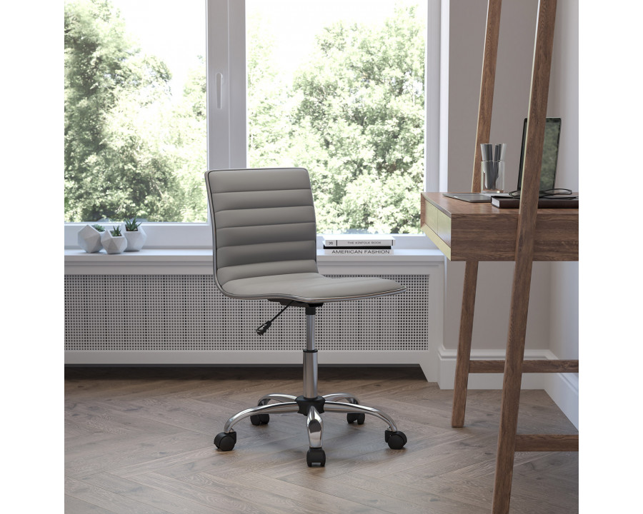 BLNK Alan Low-Back Designer Armless Ribbed Swivel Task Office Chair with Chrome Frame and Base - Light Gray