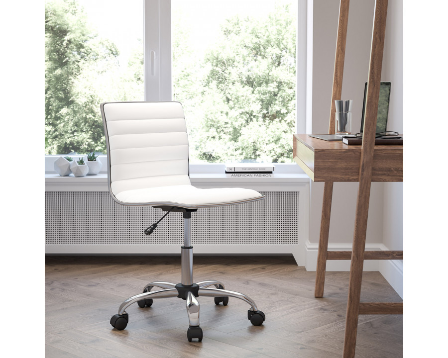 BLNK Alan Low-Back Designer Armless Ribbed Swivel Task Office Chair with Chrome Frame and Base - White