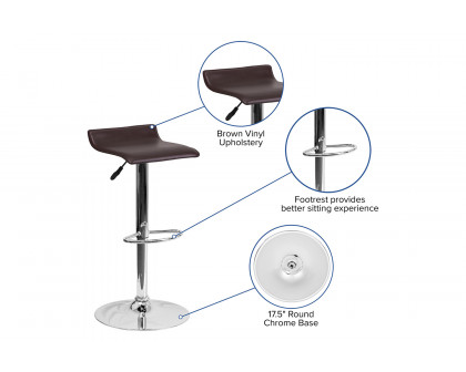 BLNK Dax Vinyl Adjustable Height Bar Stool with Solid Wave Seat and Chrome Base - Brown