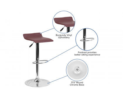 BLNK Dax Vinyl Adjustable Height Bar Stool with Solid Wave Seat and Chrome Base - Burgundy